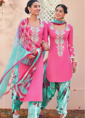 RosePink and White6114 Embroidered Pure Cotton Satin Party Wear Designer Suit at Zikimo