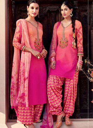 LightRed and DeepPink6115 Embroidered Pure Cotton Satin Party Wear Designer Suit at Zikimo