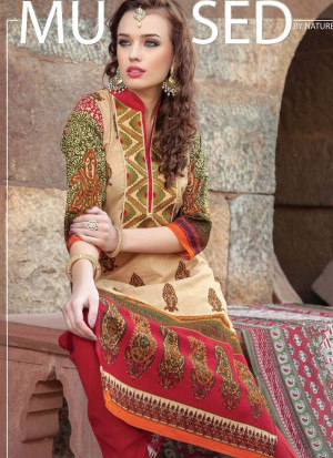 Splendid 0005Beige and Red Printed Cambric with Neck Work Daily Wear Un-stitched Suit at Zikimo