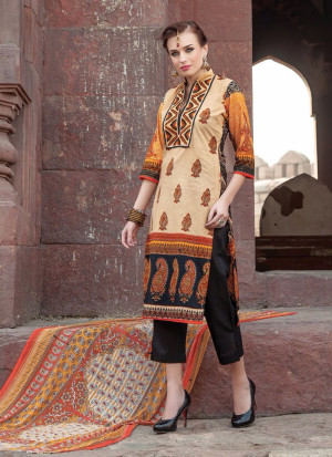 Lovable 0011Beige and Black Printed Cambric Daily Wear Un-stitched Suit at Zikimo