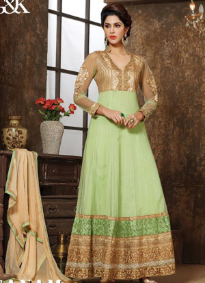 Divine Look 901LightGreen and Beige Embroidered Georgette and Net Anarkali Party Wear Suit At Zikimo