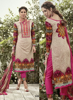 Tempting 1001Beige and Magenta Printed Pure Cotton Lawn Party Wear Straight Suit At Zikimo