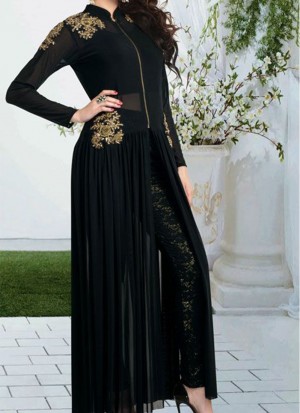 Gorgeous Black Georegtte Front Zipper Straight Cut Party Wear Indo Western Suit at Zikimo