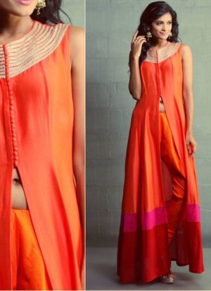 Tri Color Red Pink and Orange Constrast Front Cut and Buttoned Party Wear Pants Suits at Zikimo