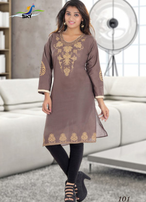 TanBrown and Beige101 Cotton Printed Embroidered Daily Wear Stitched Kurti at Zikimo
