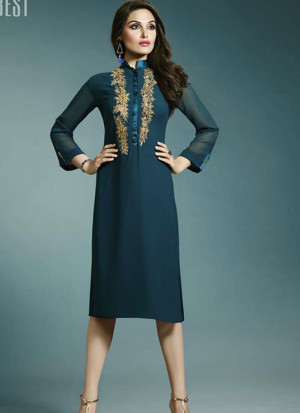 DarkSeaBlue 33181 Embroidered Georgette Stitched Party Wear Kurti at Zikimo
