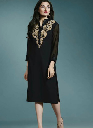 Black33189 Embroidered Georgette Stitched Party Wear Kurti at Zikimo