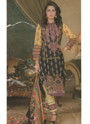 Black and Khaki10A Embroidery Printed Lawn Pakistani Suit at Zikimo