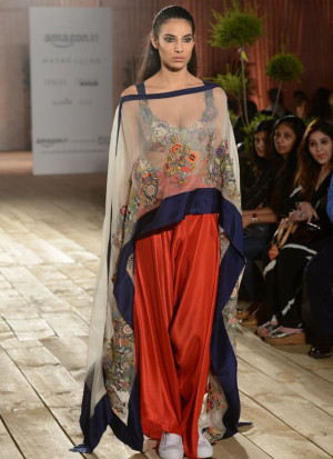 Blue With Red Designer Cape Style Salwar Kameez With Embroidered Dupatta AT Zikimo
