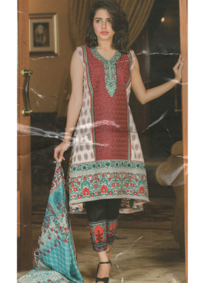 White and Red12A Embroidery Printed Lawn Pakistani Suit at Zikimo