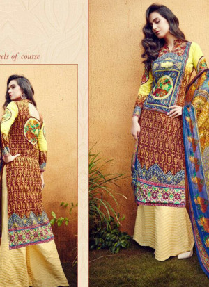 Yellow Blue and Brown17001 Pure Lawn Pakisatni Party Wear Plazzo Suit At Zikimo