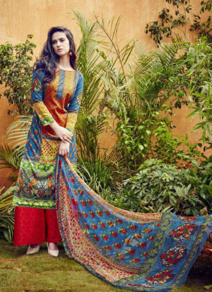 Blue and Red Pure17005 Pure Lawn Pakisatni Party Wear Plazzo Suit At Zikimo