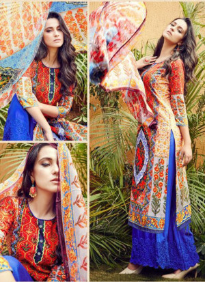 Red and RoyalBlue17007 Pure Lawn Pakisatni Party Wear Plazzo Suit At Zikimo