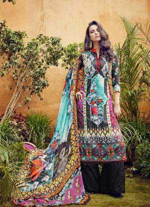Black SkyBlue and Pink17008 Pure Lawn Pakisatni Party Wear Plazzo Suit At Zikimo
