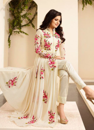 Cream and Pink LT86003 Georgette Designer Party Wear Anarkali Suit AT ZIkimo