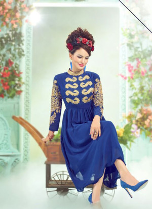 RoyalBlue1002 Embroidered Georgette Stitched Party Wear Kurti at Zikimo