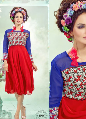 RoyalBlue and Red1004 Embroidered Georgette Stitched Party Wear Kurti at Zikimo