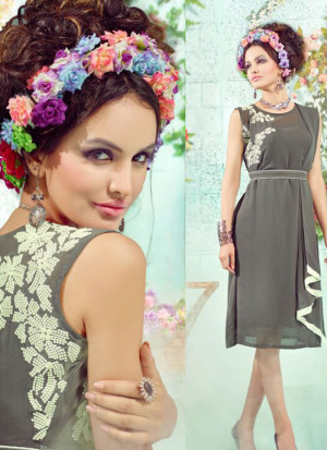 Grey and Cream1005 Embroidered Georgette Stitched Party Wear Kurti at Zikimo