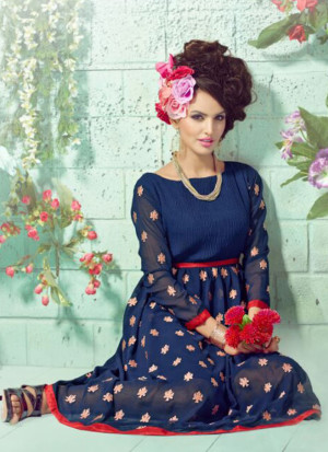 MidnightBlue1008 Embroidered Georgette Stitched Party Wear Kurti at Zikimo