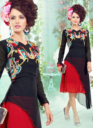 Black and Red1010 Embroidered Georgette Stitched Party Wear Kurti at Zikimo
