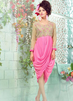 Beige and Pink1012 Embroidered Georgette Stitched Party Wear Kurti at Zikimo