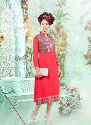 CarrotRed1013 Embroidered Georgette Stitched Party Wear Kurti at Zikimo