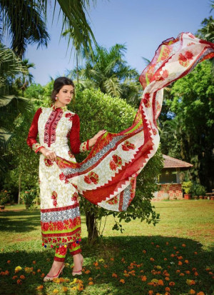 White and Red02 Embroidered Pakistani Cotton Daily Wear Suit At Zikimo