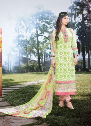 White and LightGreen06 Embroidered Pakistani Cotton Daily Wear Suit At Zikimo