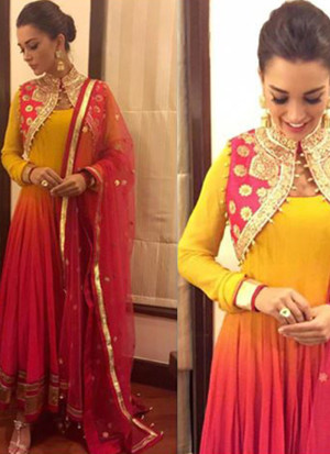 Ban Collar Short Jacket Style Mustard Pink Party Wear Embroidered Anarkali Suits at Zikimo