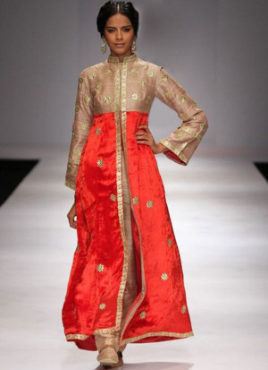 Ban Collar Raw Silk Biege and Orange Color Long Straight Suit With Straight Pants at Zikimo