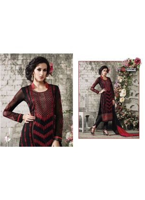 Red Black Embroidered With Pencil Pants Party Wear Indian Ban Collar Suit at Zikimo