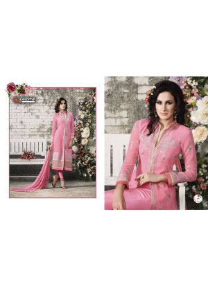 Pink Embroidered With Pencil Pants Party Wear Indian Ban Collar Suit at Zikimo
