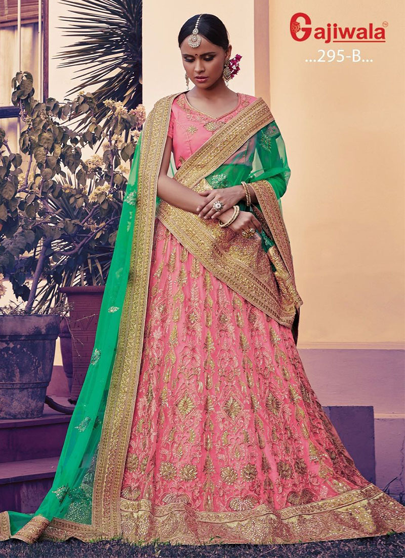 Party Lehenga Look Green Colour Heavy Pure Chinon With Pink Dupatta