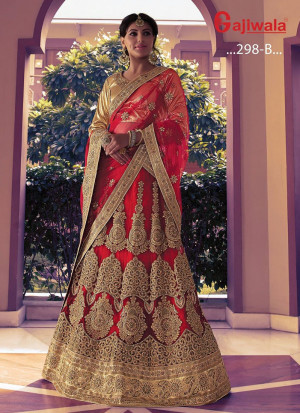 Brick Red Heavy Embroidered Indian Wedding Wear Net Lehenga Choli at Zikimo