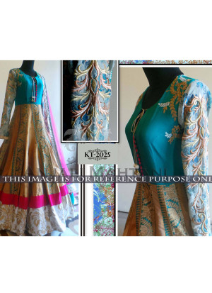 Blue BALGLORY & BANARASI SILK, PRINT SLEEves Long Gown With Net Dupatta AT Zikimo