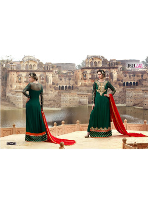 Dark Green8008 Georgette Party Wear Embroidered Suit With Hot Orange Dupatta at Zikimo