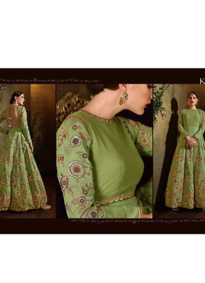 Green Raw Silk8104 Heavy Embroidered Indian Wedding Floor Length Anarkali Suit at Zikimo