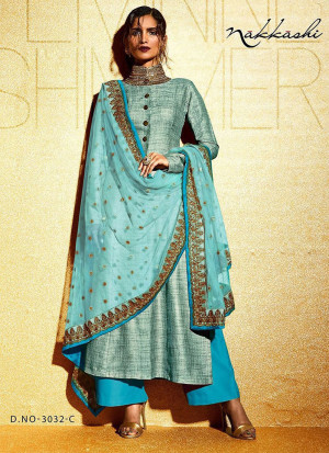 Nakkashi SkyBlue and AquaBlue Embroidered Khadi Stone Work Collar Wedding Wear Suit at Zikimo