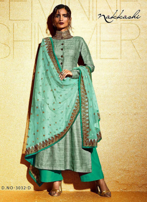 Nakkashi AquaGreen and SeaGreen Embroidered Khadi Stone Work Collar Wedding Wear Suit at Zikimo