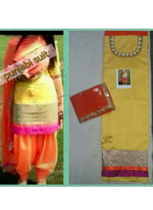 Yellow Orange Badri Silk Punjabi Salwar Suit With Chiffon Duppta at Zikimo