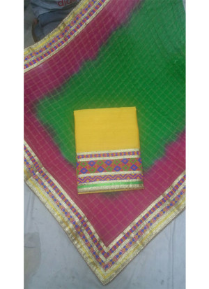 Yellow All Over Charlie Silk Punjabi Salwar Suit With Ombre Green Magenta Chiffon Duppta at Zikimo