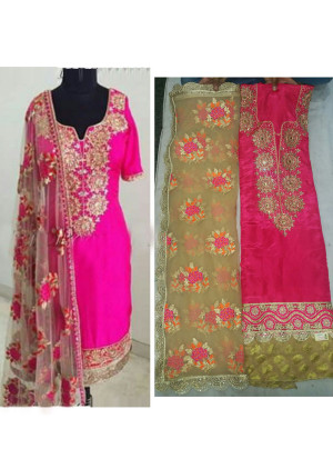 Pink Dupion Banarasi Punjabi Salwar Suit With Heavy Work Net Duppta at Zikimo