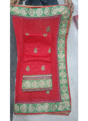Red All Over Charlie Silk Punjabi Salwar Suit With Heavy Work Chiffon Green Border Duppta at Zikimo