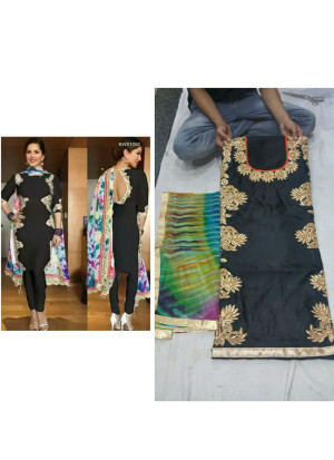 Sunny Leone Black Pure Dupiun All Over Punjabi Salwar Suit With Printed Dupatta at Zikimo