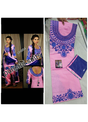 Light Pink Jam Silk All Over With Blue Embroidery Punjabi Salwar Suit With Blue Chiffon Duppta at Zikimo