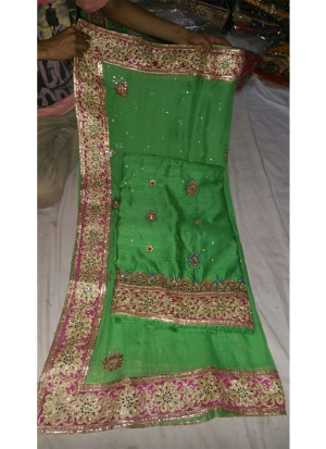 Green Charlie Silk all over Punjabi Salwar Suit With Chiffon Pink Border Duppta at Zikimo