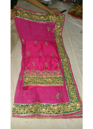 Pink Charlie Silk all over Punjabi Salwar Suit With Chiffon Green Border Duppta at Zikimo