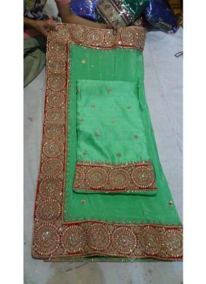Green Charlie Silk all over Punjabi Salwar Suit With Chiffon Red Border Duppta at Zikimo