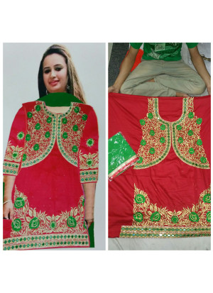 Red Jam Cotton Silk All Over Punjabi Salwar Suit With Chiffon Green Duppta at Zikimo