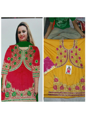 Yellow Jam Cotton Silk All Over Punjabi Salwar Suit With Chiffon Magenta Duppta at Zikimo